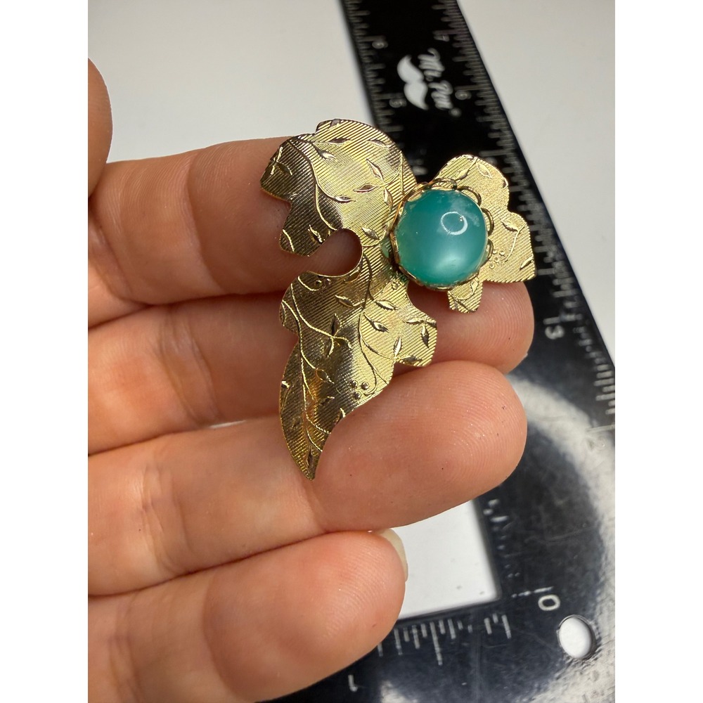 Gold Tone Textured Leaf Brooch with Turquoise Blue Cabochon Stone Floral Pin